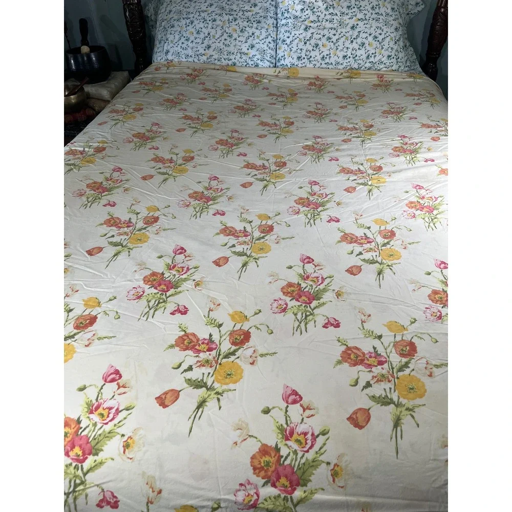 Vintage Floral Poppy Wildflower Button Duvet Cover Cream Multi Full Queen